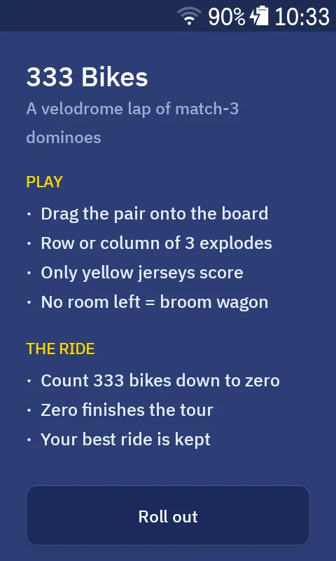 The rules screen: a velodrome lap of match-3 dominoes