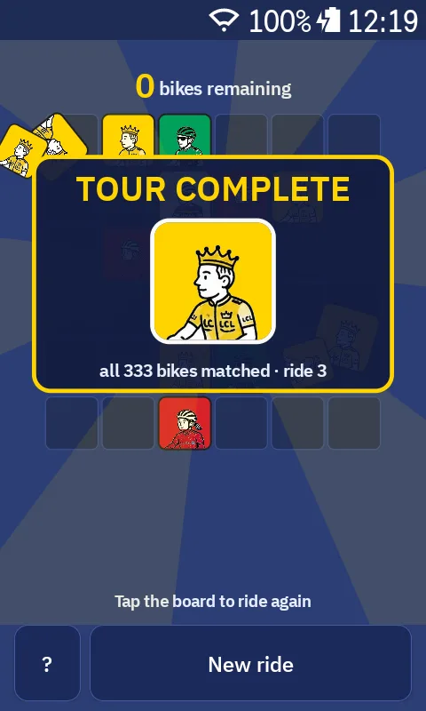 Tour complete: golden tiles raining over the trophy screen