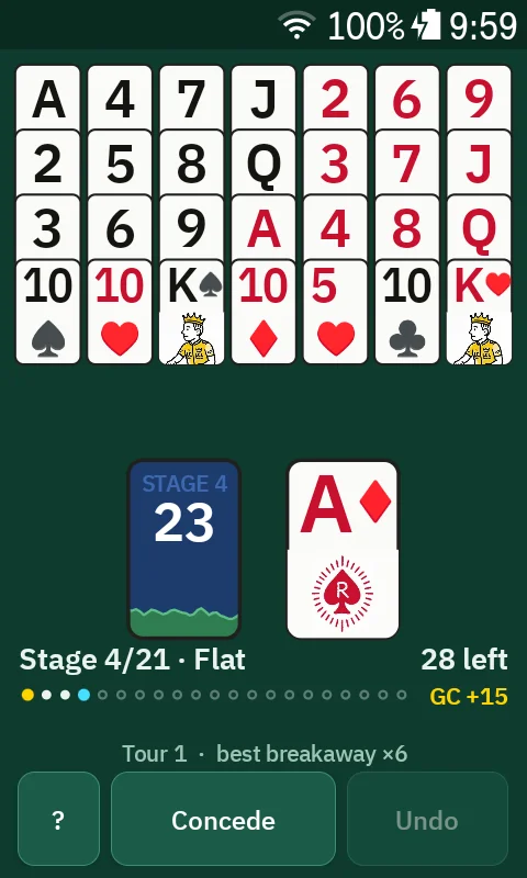 Grand Tour Golf mid-stage on a Karoo: seven fanned columns of cards over a green felt table