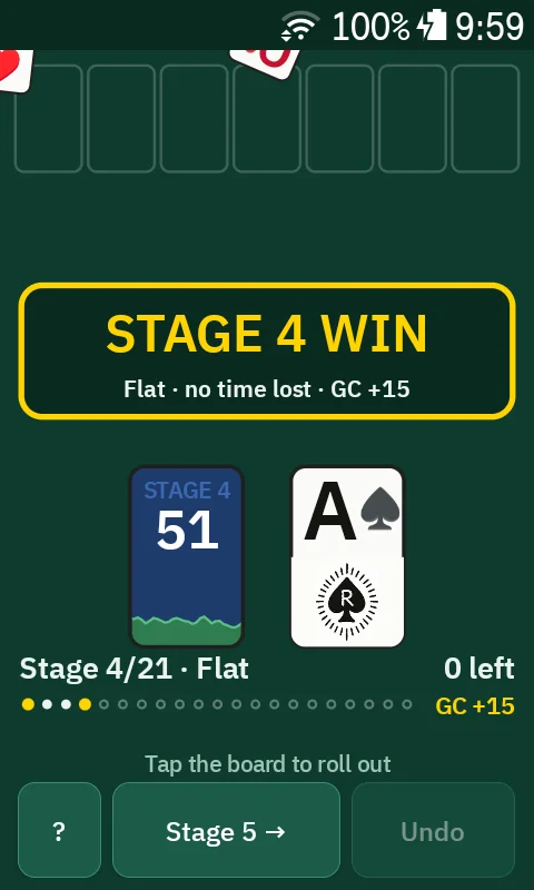 A stage win: cards raining down over the ROUND COMPLETE banner